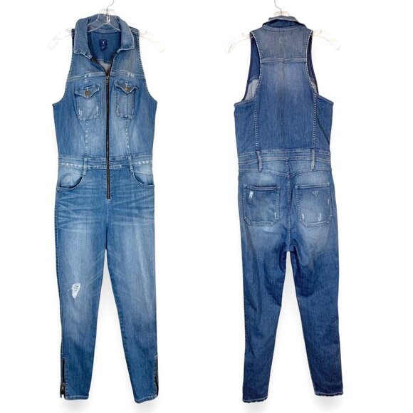 Guess Denim Jumpsuit Blue Front Zip Sleeveless Sexy Street Style Concerts Y2K - Picture 15 of 15